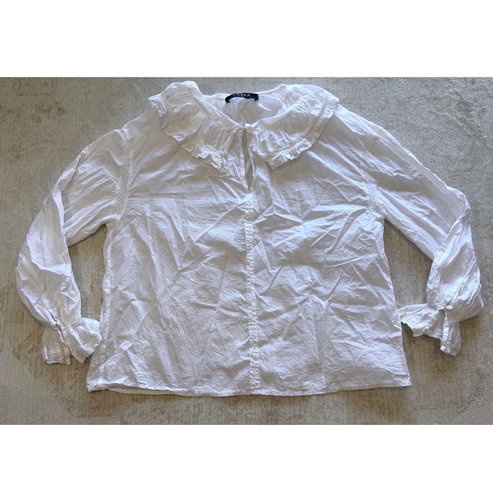 CAARA White Ruffle Collar Lace Trim Blouse Long Sleeve Cotton Top XS